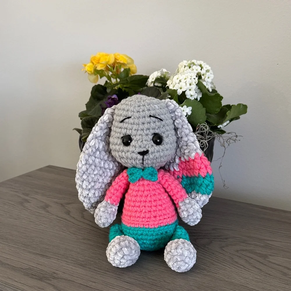 Gray Plush Bunny Toy with Pink & Teal Outfit for Small Pets